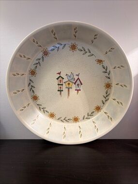 Decorative Birdhouse Ceramic Pie Plate- Cream with Yellow & Green Motif